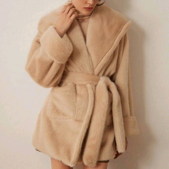Jackets & Blazers - Retro Style Fluffy Trim Fashion Waist Belt Jacket, Winter Outerwear Faux Jacket